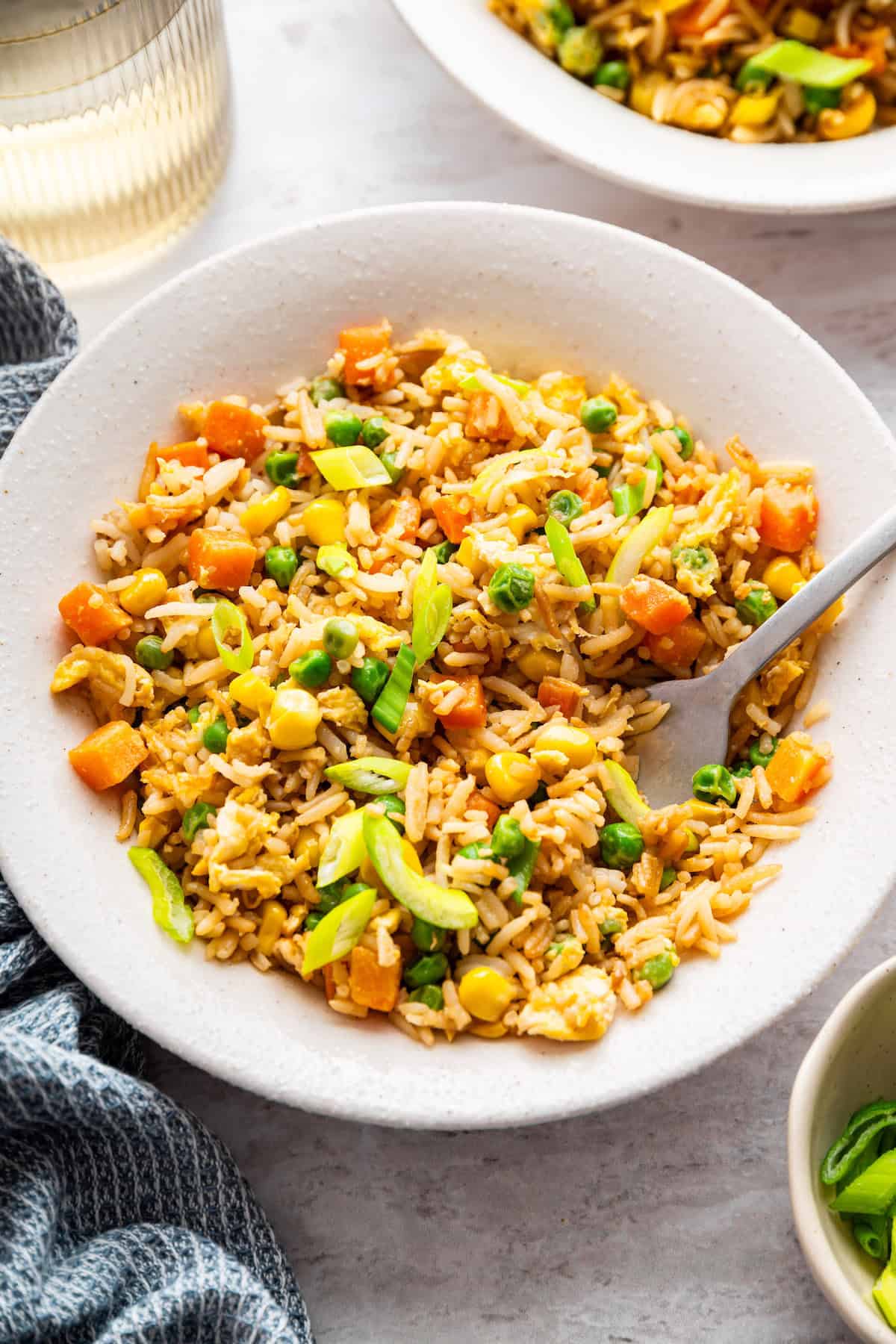 This 10-minute vegetable fried rice is the ultimate quick meal or side dish! Easy, flavorful, and perfect for busy weeknights. Bowl of vegetable fried rice with fork.