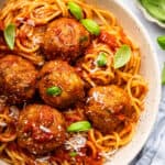 Air fryer turkey meatballs in bowl of spaghetti