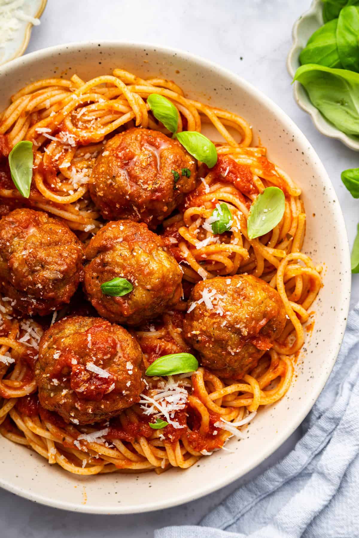 Air fryer turkey meatballs in bowl of spaghetti