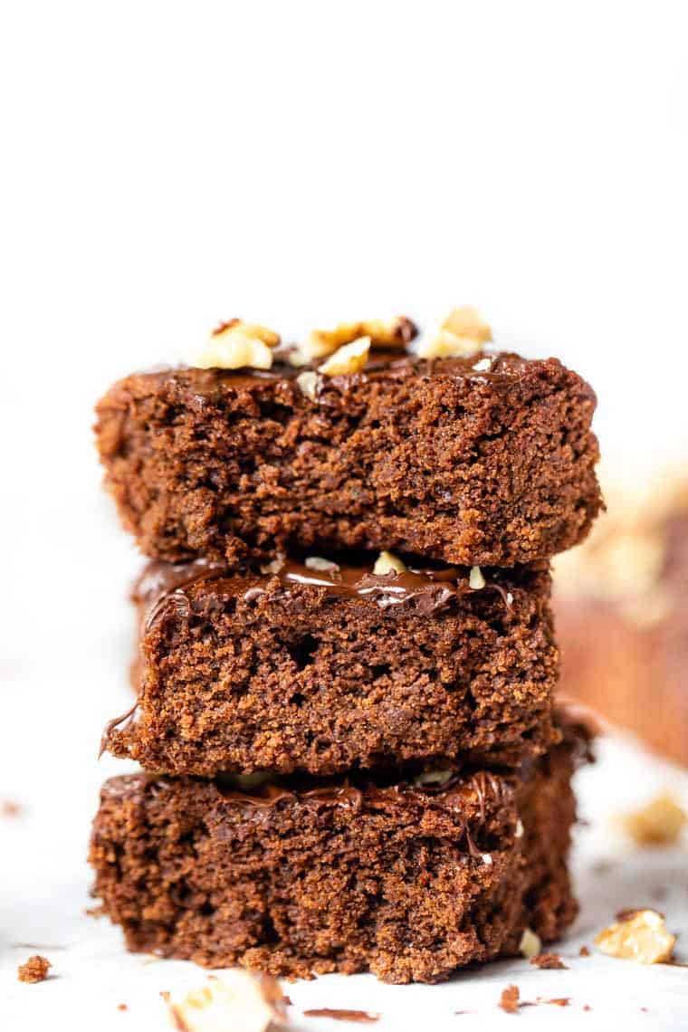 Three stacked almond butter brownies