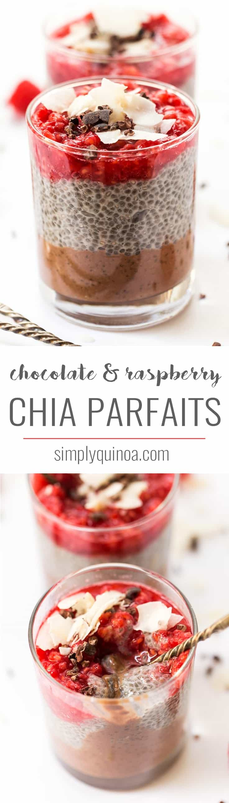 These HEALTHY chia parfaits start with a layer of banana chocolate mousse, then a layer of chia pudding and finished off with smashed raspberries on top!