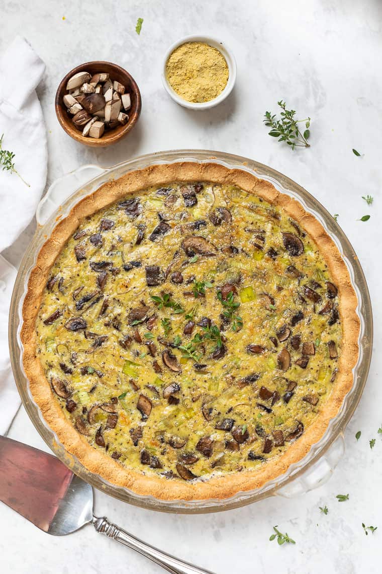 Overhead view of dairy-free quiche with mushrooms
