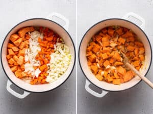 Side-by-side process photos showing vegetables in a pot for soup and ingredients being stirred in pot.