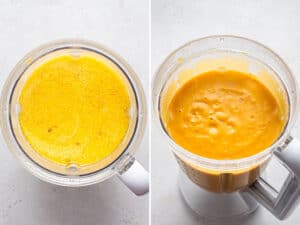Side-by-side process photos showing sweet potato ginger soup in blender before and after pureeing.