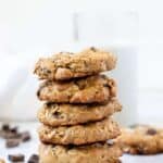 Stack of vegan oatmeal chocolate chip cookies.