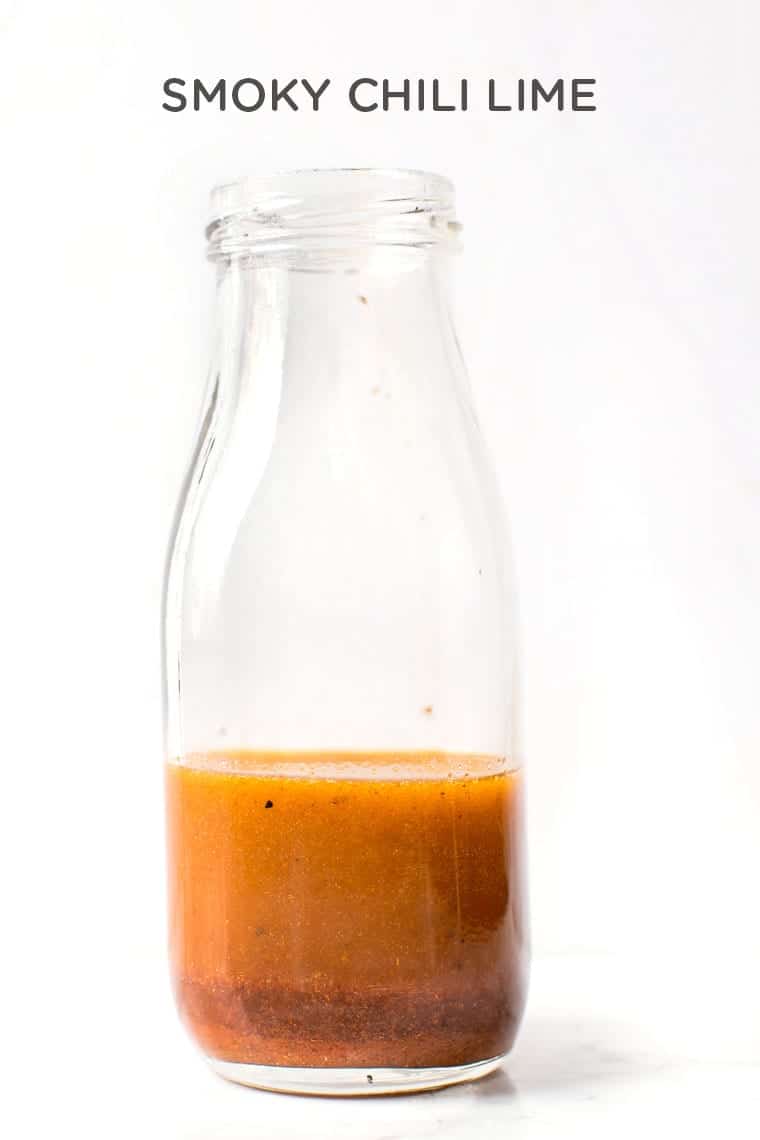 Healthy Chili Lime Dressingin glass bottle with text overlay
