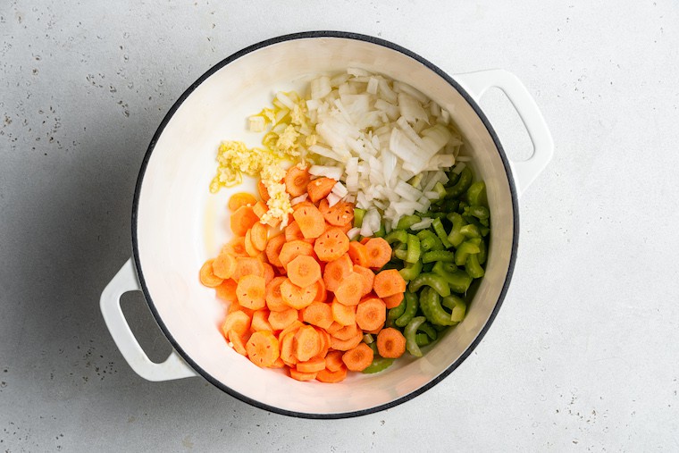 Overhead view of pot with vegetables for stew