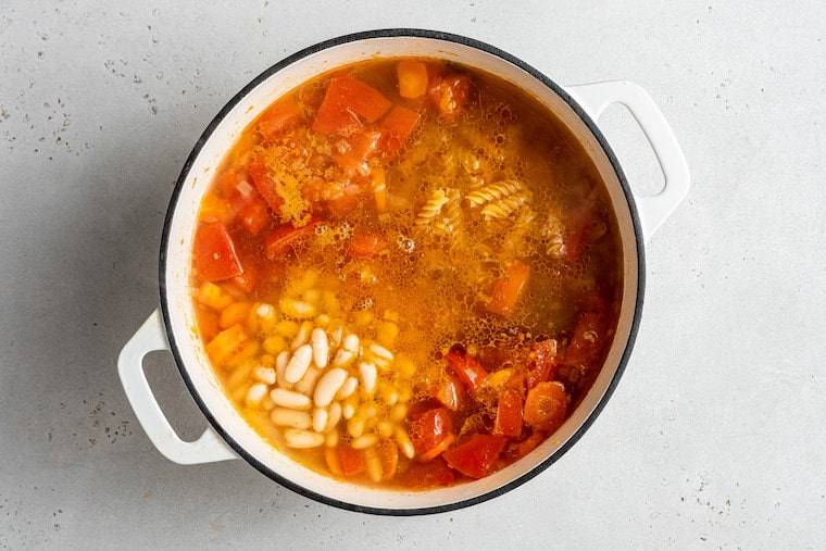 Overhead view of vegetable stew in pot