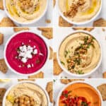 Six different images showing how to make hummus 6 ways: roasted red pepper, roasted garlic, classic, pesto, beet, and lemon pepper.
