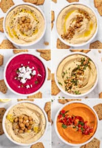 Six different images showing how to make hummus 6 ways: roasted red pepper, roasted garlic, classic, pesto, beet, and lemon pepper.