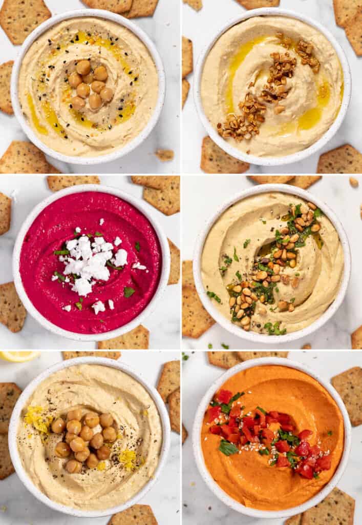 Six different images showing how to make hummus 6 ways: roasted red pepper, roasted garlic, classic, pesto, beet, and lemon pepper.