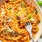 Overhead view of Instant Pot spaghetti in bowl with fork