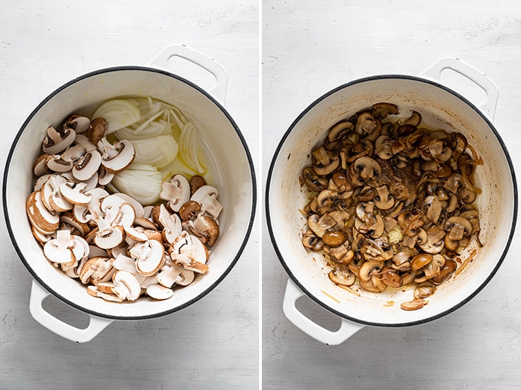 collage of mushrooms and onions before and after cooking