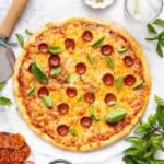 Overhead view of protein pizza crust pizza with pepperoni