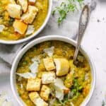 bowl of vegetarian split pea soup with croutons.