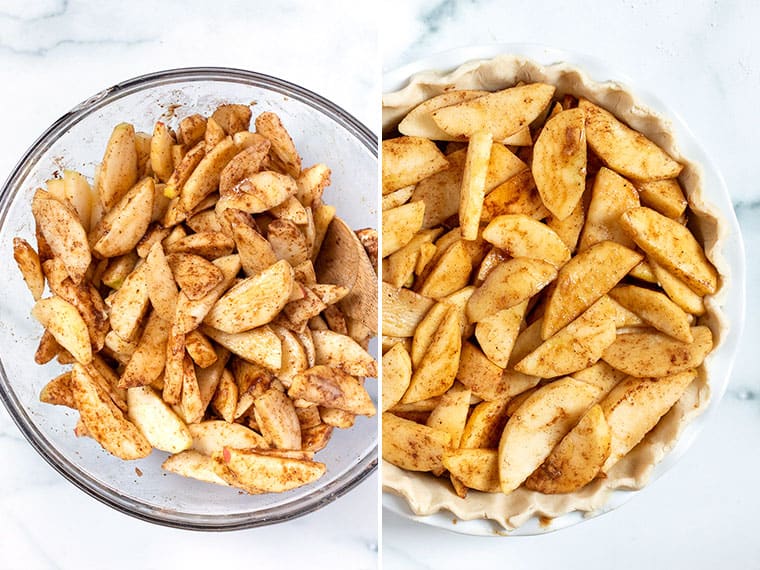 Side by side images showing how to prepare the vegan apple pie filling.
