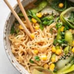 Close up vegan ramen in a bowl with chopsticks