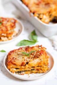 Vegan spinach lasagna on plate.