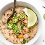 This HEALTHY + VEGAN White Quinoa Chili has white beans, peppers and a homemade cashew cream!