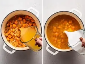 Side-by-side process photos showing broth being poured into pot of soup and coconut milk being poured into soup.