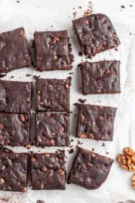 Overhead view of assorted fudgy gluten-free vegan brownies.