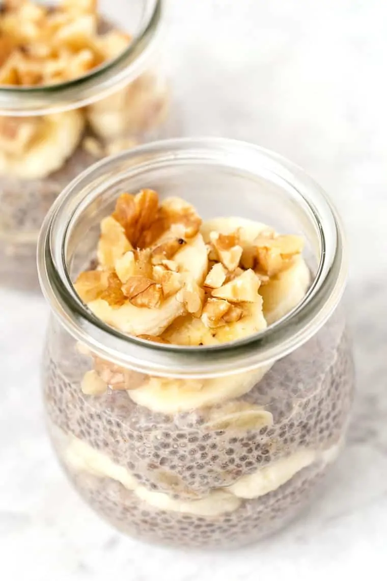 Learn to make chia seed pudding in 6 amazing flavors! These quick and easy recipes are great for breakfast or enjoy them as a balanced snack. Banana Chia Pudding in a jar