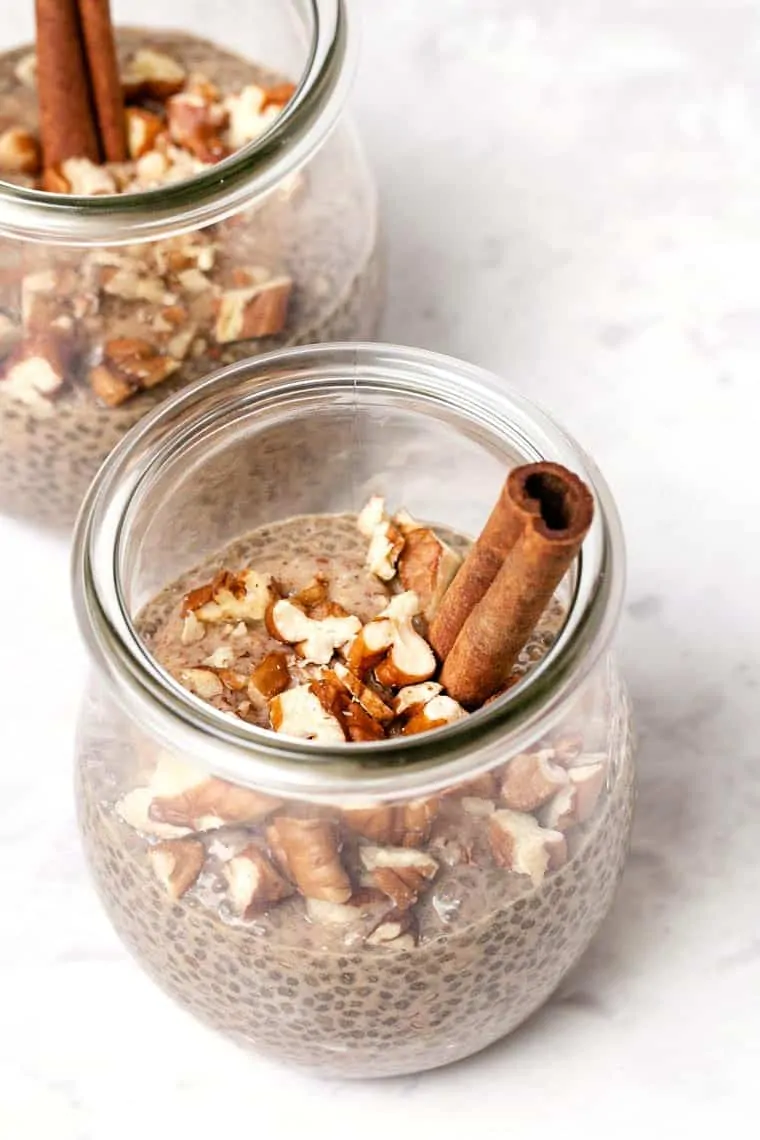 Learn to make chia seed pudding in 6 amazing flavors! These quick and easy recipes are great for breakfast or enjoy them as a balanced snack. Chai latte chia pudding in a jar.