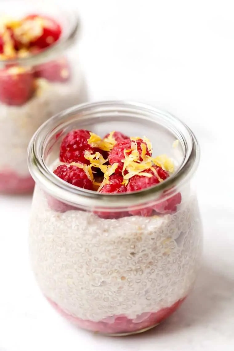 Learn to make chia seed pudding in 6 amazing flavors! These quick and easy recipes are great for breakfast or enjoy them as a balanced snack. Lemon Raspberry Chia Pudding in a jar