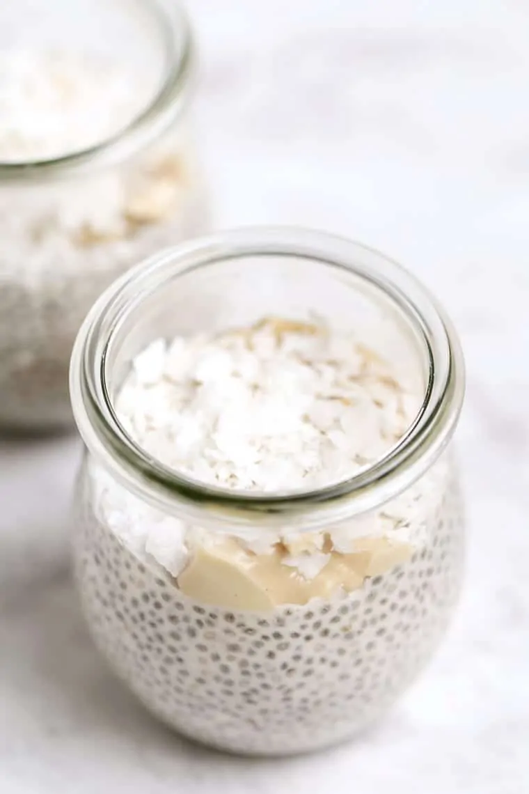Learn to make chia seed pudding in 6 amazing flavors! These quick and easy recipes are great for breakfast or enjoy them as a balanced snack. Coconut pudding in a jar.