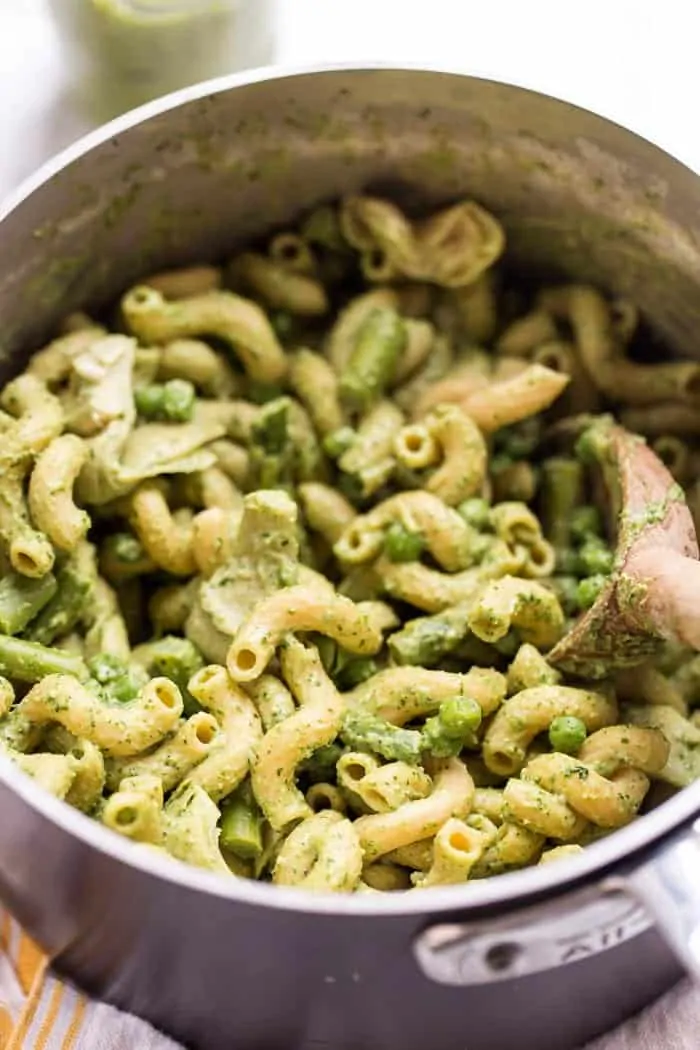 This one-pot asparagus pasta recipe is the best kind of weeknight dinner—easy and delicious! Pesto adds bright, fresh flavor. Pot of asparagus pasta with pesto